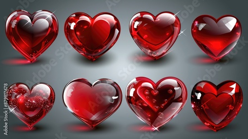 A set of red glass hearts on a gray background