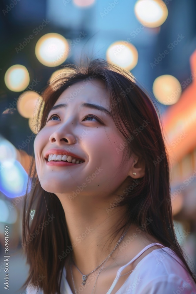 A happy woman gazes up at the clouds, feeling carefree A happy woman gazes up at the clouds, feeling carefree