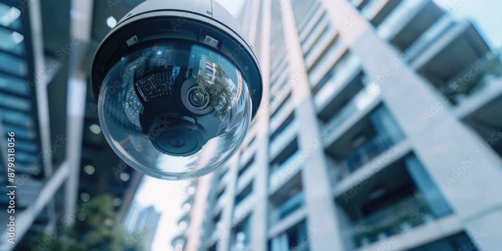 A close-up shot of a security camera installed on the exterior wall of a building A close-up shot of a security camera installed on the exterior wall of a building