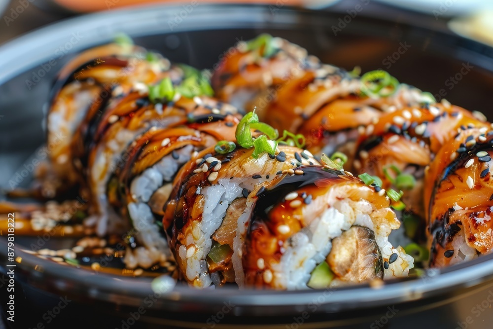 Dragon roll and popular sushi served at home perfectly prepared with dark soy sauce in a takeaway lunchbox Dragon roll and popular sushi served at home perfectly prepared with dark soy sauce in a takeaway lunchbox