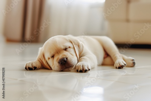 Adorable yellow labrador puppy sleeping peacefully on a shiny tiled floor in a bright room.