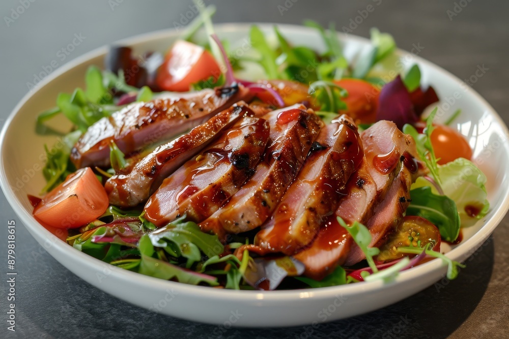Duck breast salad with Teriyaki caramelized pear tomatoes citrus sauce Duck breast salad with Teriyaki caramelized pear tomatoes citrus sauce