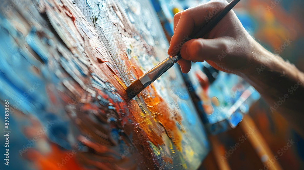 Human fingers holding a paintbrush and painting on a canvas, with colorful paints and artistic strokes Human fingers holding a paintbrush and painting on a canvas, with colorful paints and artistic strokes