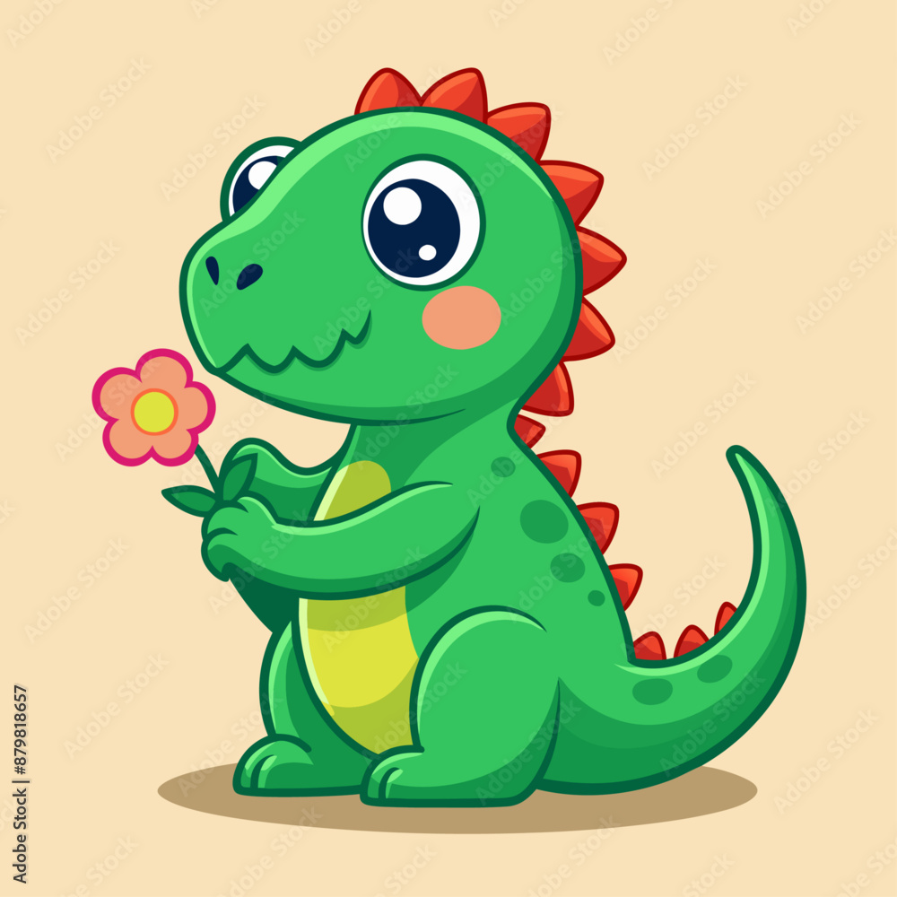 Cute green dinosaur He holds it in his paws flower Cute green dinosaur He holds it in his paws flower