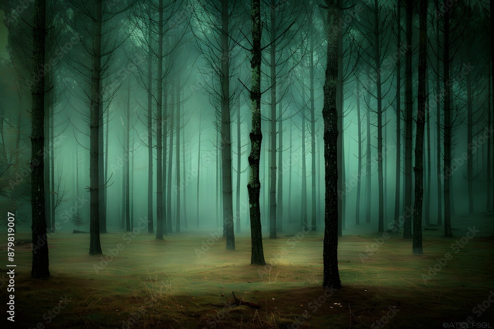Fototapeta premium Misty forest with tall, slender trees creating a serene and mysterious atmosphere.