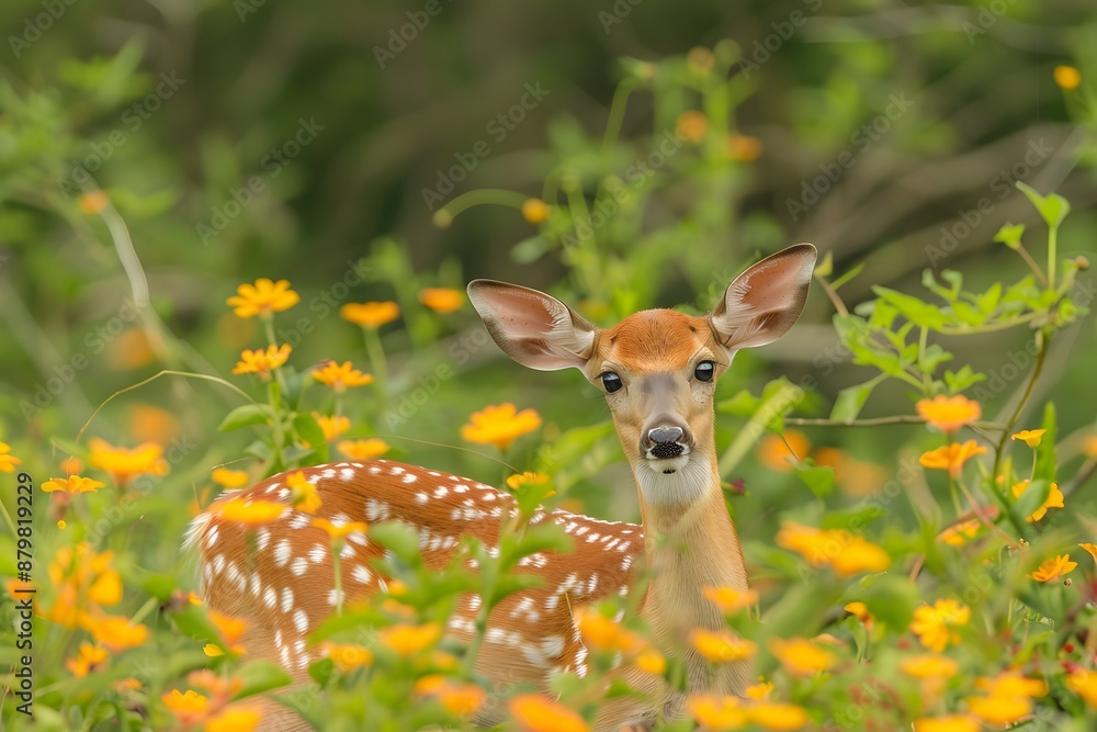 Fototapeta premium A young deer with white spots stands amidst vibrant yellow flowers in a lush green meadow.