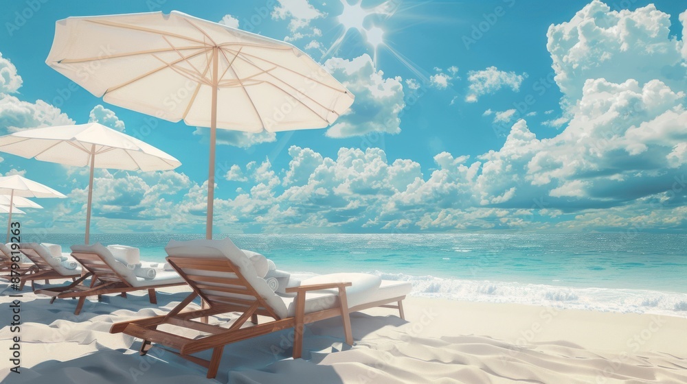 sunbeds and umbrellas on the beach with sunny clouds sunbeds and umbrellas on the beach with sunny clouds