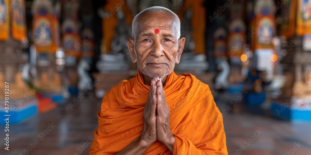 Elderly Monk in Traditional Robe Praying in Temple Elderly Monk in Traditional Robe Praying in Temple