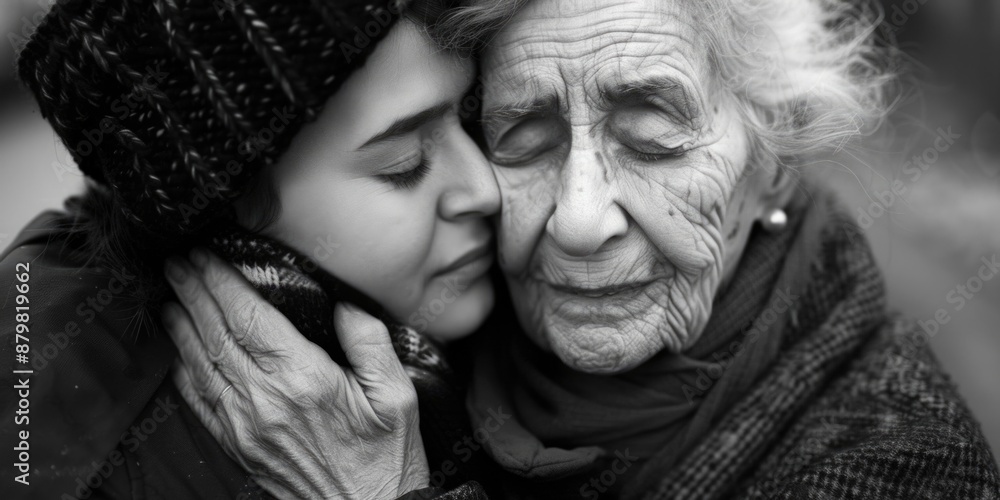An elderly woman receives a warm hug from a younger woman in this classic black and white photograph An elderly woman receives a warm hug from a younger woman in this classic black and white photograph