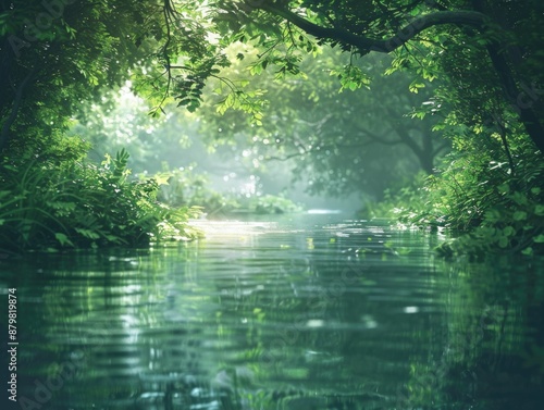 A serene river flows through a dense and vibrant forest, surrounded by tall trees and lush vegetation