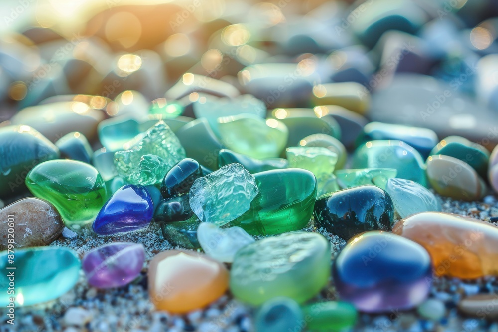 Shiny gems adorning ocean shore: smooth sea glass and pebbles with vibrant colors. Sparkling green and blue glass next to multi-colored beach rocks up close. Coastal background for summer vibes Shiny gems adorning ocean shore: smooth sea glass and pebbles with vibrant colors. Sparkling green and blue glass next to multi-colored beach rocks up close. Coastal background for summer vibes