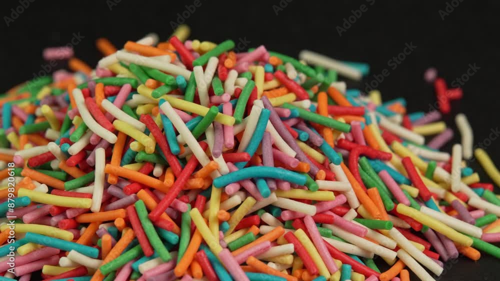 Colored confectionery sprinkles rotating close up on black background. Culinary topping for desserts and baked goods. Colorful rainbow sugar candy sprinkles for donuts Colored confectionery sprinkles rotating close up on black background. Culinary topping for desserts and baked goods. Colorful rainbow sugar candy sprinkles for donuts