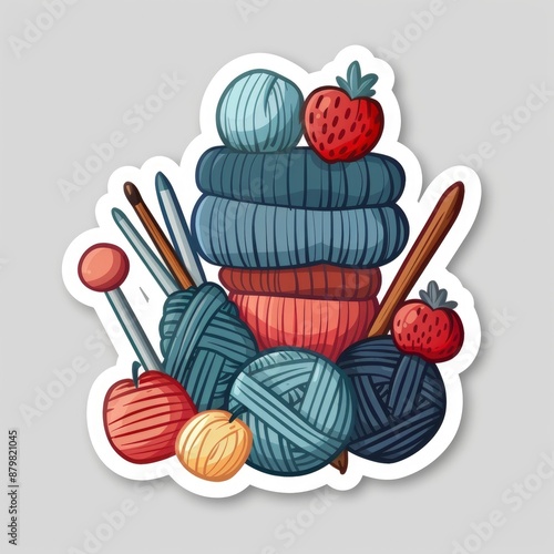  simple flat, minimalistic illustration of a knitting and crochet logo sticker, with yarn ball, knitting needles, crochet hook, pattern book, stitch marker photo