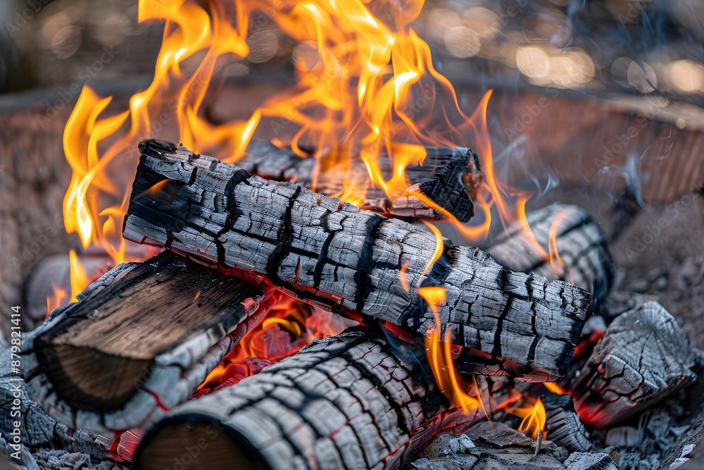 Close-up of a vibrant campfire burning in a fire pit with glowing embers and dark charred logs. Close-up of a vibrant campfire burning in a fire pit with glowing embers and dark charred logs.