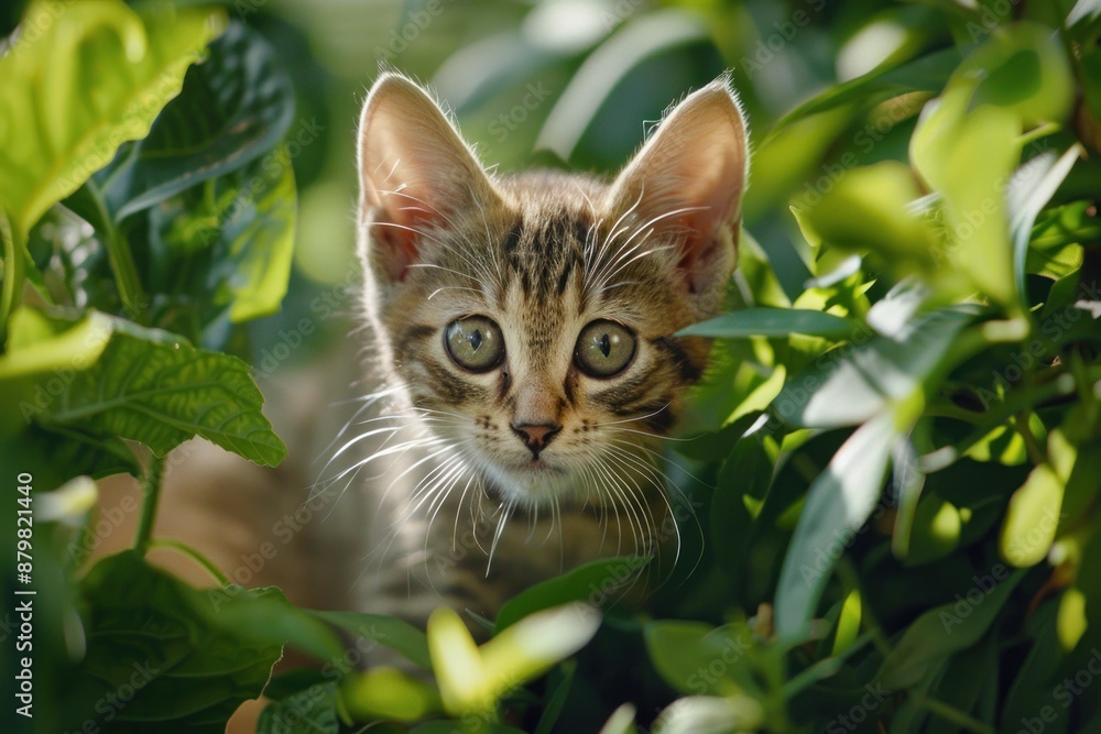 A kitten is peeking out from behind some leaves A kitten is peeking out from behind some leaves