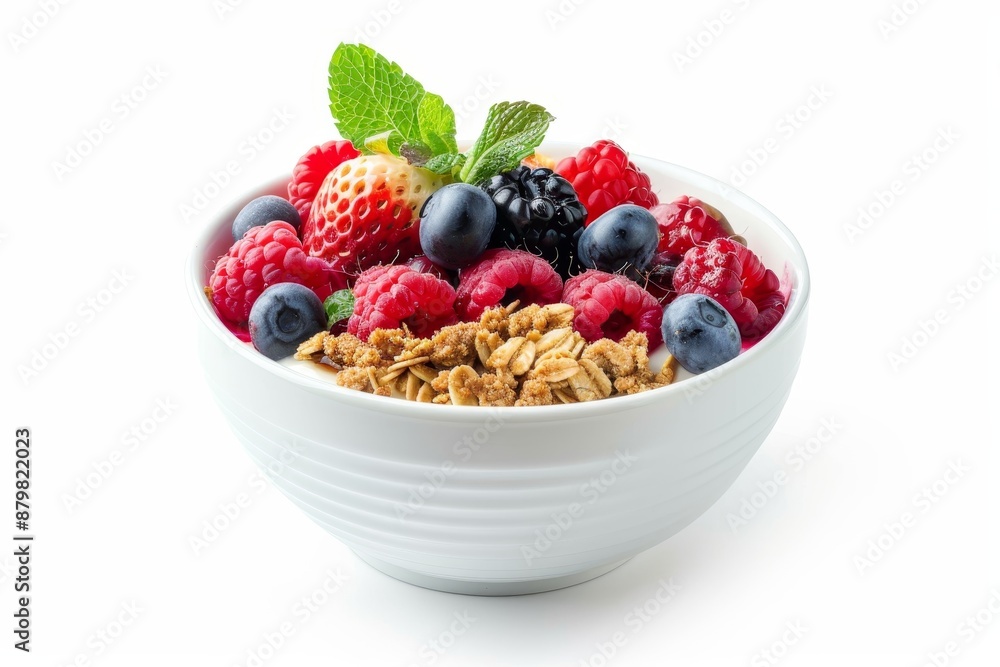 Fresh fruit crumble dessert in white bowl on white background Fresh fruit crumble dessert in white bowl on white background