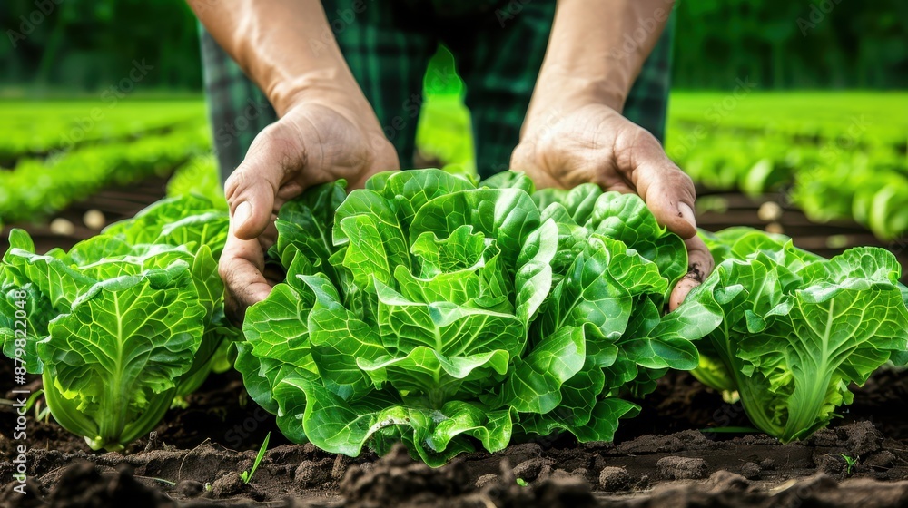 Farmer harvesting fresh green lettuce in the field. Sustainable farming and organic vegetables in lush garden. Farmer harvesting fresh green lettuce in the field. Sustainable farming and organic vegetables in lush garden.