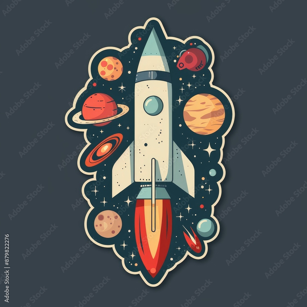 simple flat, minimalistic illustration of a space and astronomy club logo sticker, with telescope, star, moon, planet, space shuttle simple flat, minimalistic illustration of a space and astronomy club logo sticker, with telescope, star, moon, planet, space shuttle
