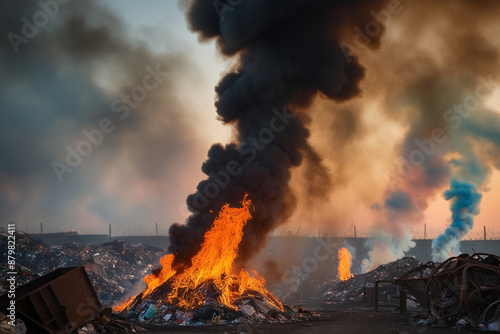 Smoke From Garbage Burning in Landfill Causing Air Pollution