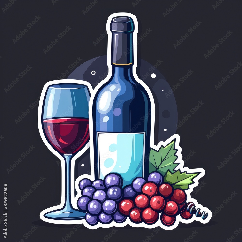 simple flat, minimalistic illustration of a wine and vineyard logo sticker, with wine glass, grapes, wine bottle, vineyard, corkscrew simple flat, minimalistic illustration of a wine and vineyard logo sticker, with wine glass, grapes, wine bottle, vineyard, corkscrew