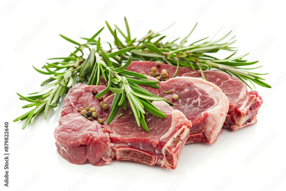 Fresh rosemary on white background with raw meat Fresh rosemary on white background with raw meat