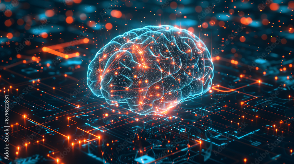 3D rendering of the human brain on a circuit board, with glowing light ...