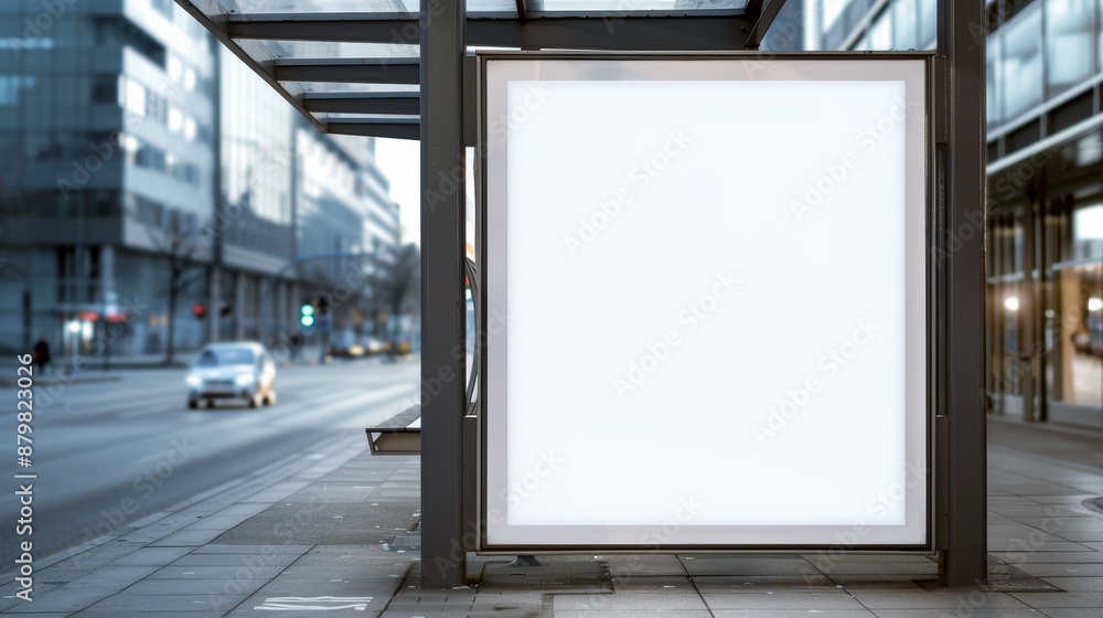 Bus shelter at busstop blank white lightbox empty billboard and ad placeholder glass and aluminum structure transit station urban setting, focus cover all object Bus shelter at busstop blank white lightbox empty billboard and ad placeholder glass and aluminum structure transit station urban setting, focus cover all object