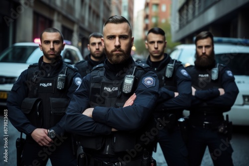Portrait of group of police officers standing in street and looking at camera. Police concept with copy space. Police officers during a demonstration. Cops. © John Martin