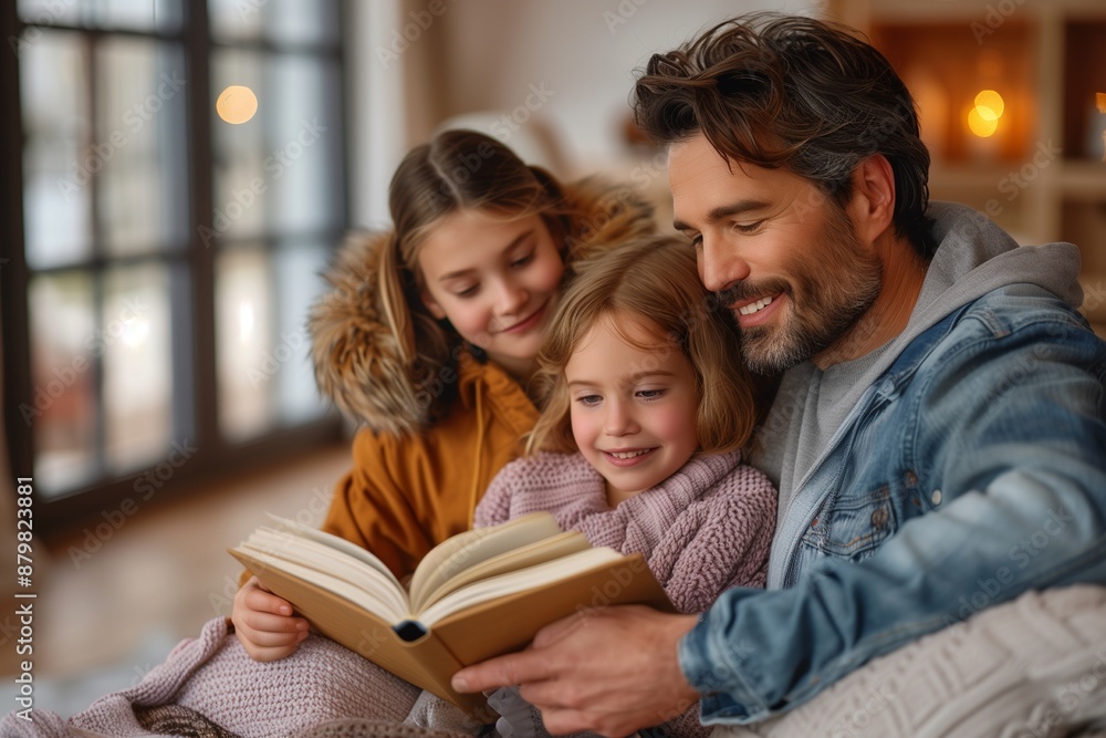 Family with little daughter reading book on sofa in living room Family with little daughter reading book on sofa in living room