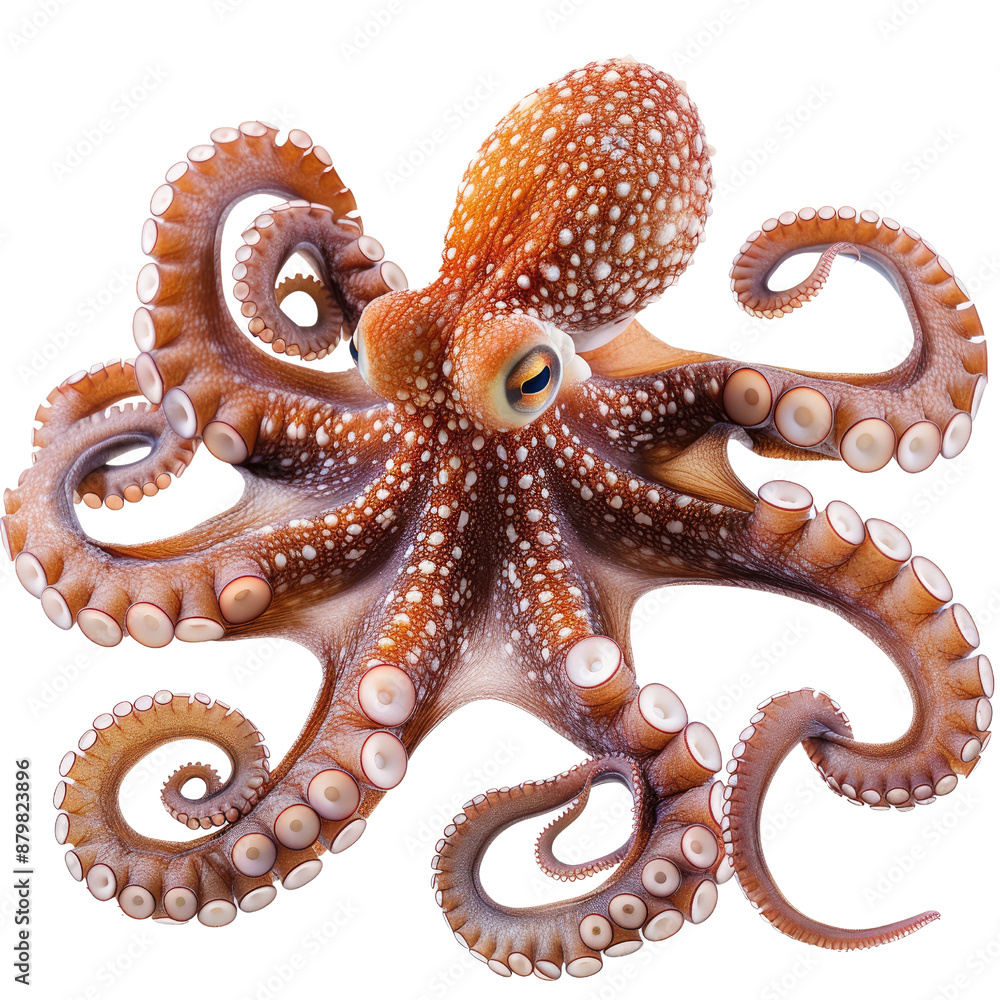 Obraz premium Close-up of a vibrant orange octopus with intricate details on its tentacles and textured skin, isolated on a white background