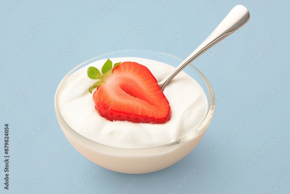 Delicious natural yogurt with fresh strawberry on light blue background