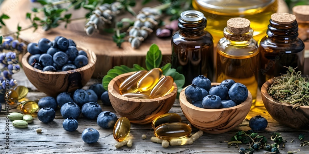 Assorted natural supplements ingredients on wooden table with oils, herbs, and blueberries. Concept Natural Supplements, Ingredients, Wooden Table, Oils, Herbs, Blueberries Assorted natural supplements ingredients on wooden table with oils, herbs, and blueberries. Concept Natural Supplements, Ingredients, Wooden Table, Oils, Herbs, Blueberries