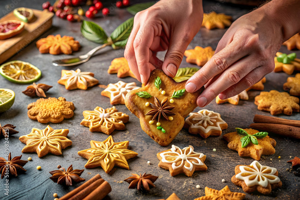 A person is holding a cookie with a green leaf on it. There are many other cookies on the table, some with green leaves and some with other decorations A person is holding a cookie with a green leaf on it. There are many other cookies on the table, some with green leaves and some with other decorations