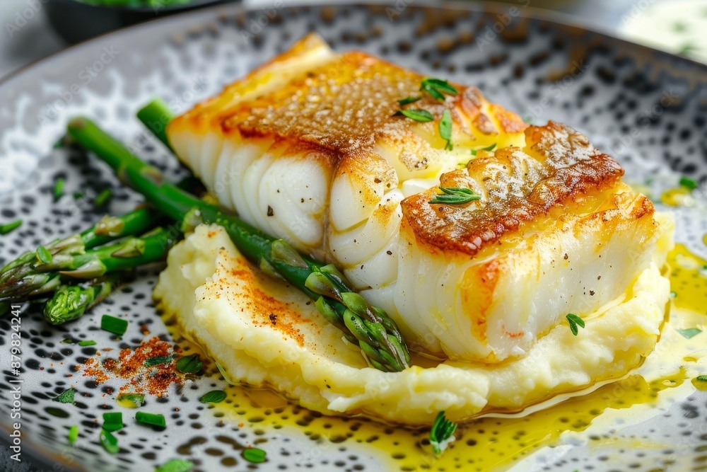 Fried skrei cod with asparagus and mashed potatoes in parmesan olive oil sauce on a modern plate with copy space Fried skrei cod with asparagus and mashed potatoes in parmesan olive oil sauce on a modern plate with copy space