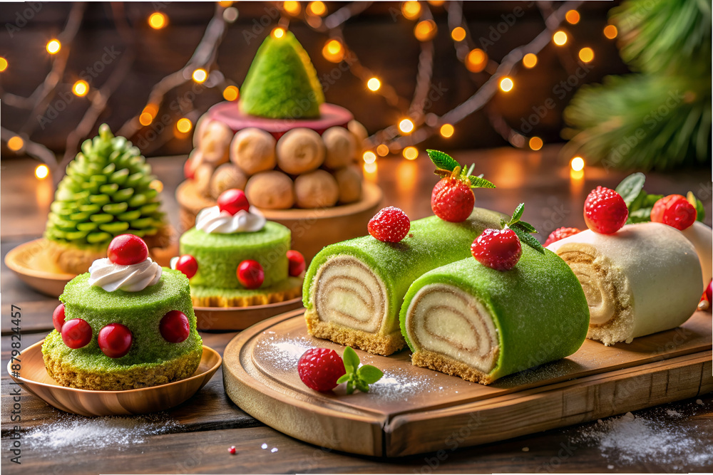 A table with a variety of desserts, including a green roll cake and a red and white cake A table with a variety of desserts, including a green roll cake and a red and white cake