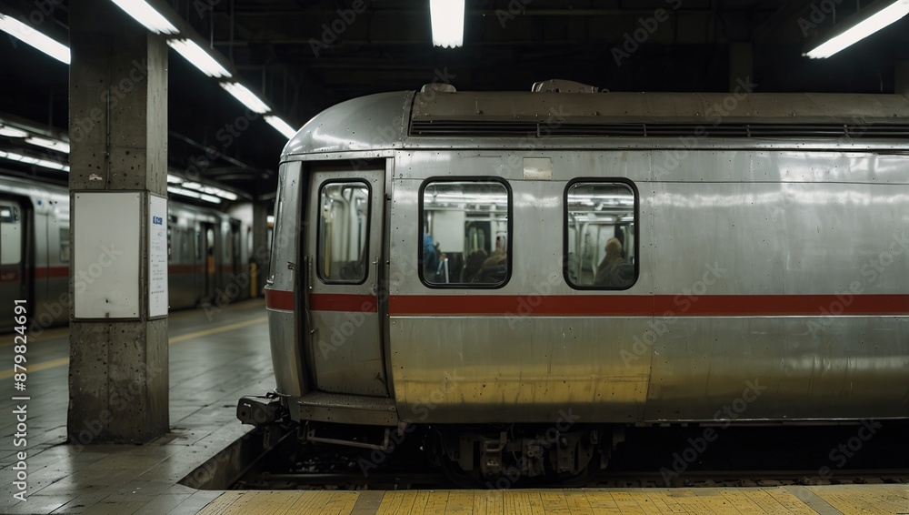 blank white Poster at Train Subway Station with moving Train on background blank white Poster at Train Subway Station with moving Train on background