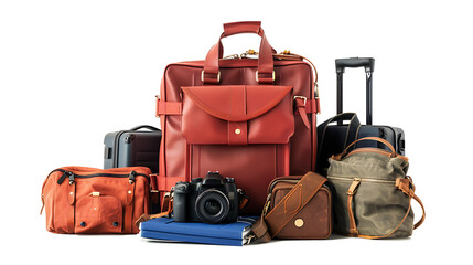  PNG of travel essentials including a passport, camera, and luggage, isolated on a white background