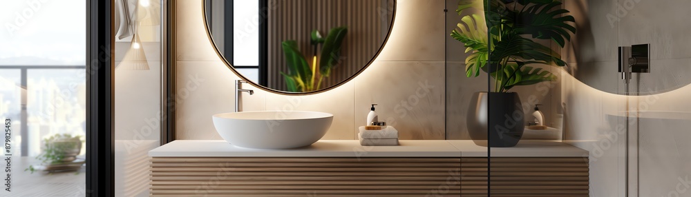 Fototapeta premium Modern bathroom interior with a round mirror, elegant sink, and lush plants, illuminated by soft lighting.