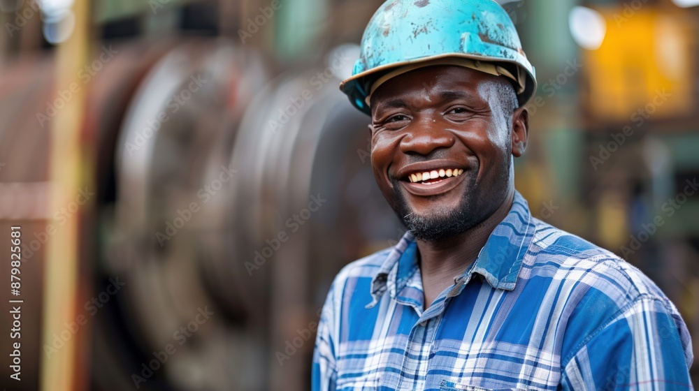 A man wearing a hard hat and smiling. Generate AI image A man wearing a hard hat and smiling. Generate AI image