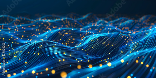 High tech blue web background close up with many yellow dots and lines, technology and innovation, conceptual network connection