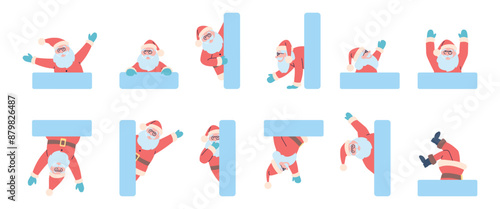 Santa claus peeping. Christmas character peeking behind window sill or wall. Cute santa looking watching pointing congratulated, recent vector stickers
