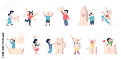 Kids in cardboard costumes. Children play with boxes, building spaceship, pirate ship and castle tower. Kid imagination recent vector scenes