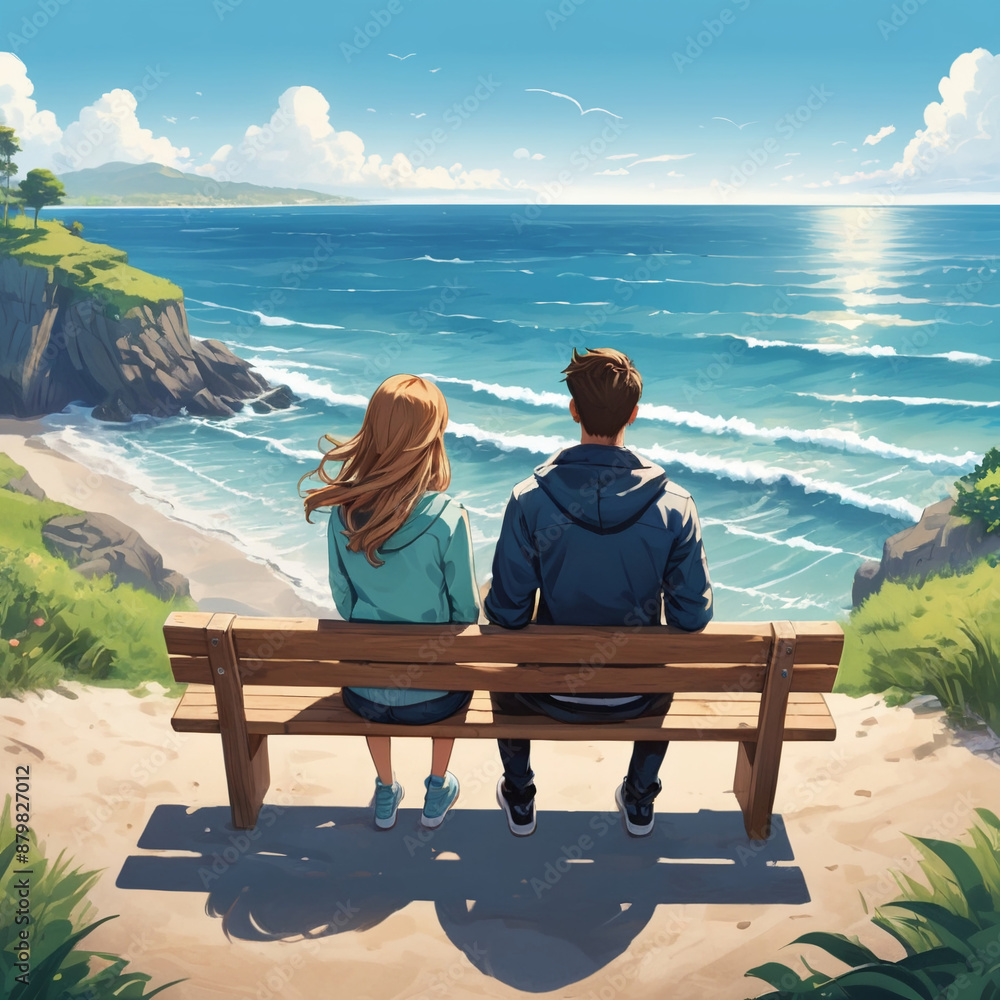 Couple sitting on a bench and admiring the ocean Couple sitting on a bench and admiring the ocean