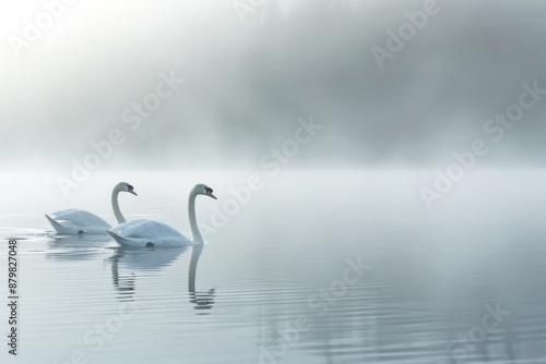 Two swans are swimming in a lake