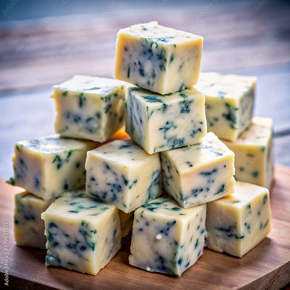 The image depicts a pyramid-shaped stack of cube-shaped blue cheese blocks on a wooden cutting board The image depicts a pyramid-shaped stack of cube-shaped blue cheese blocks on a wooden cutting board