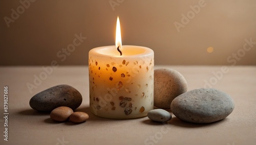 Candle on beige background. Warm aesthetic composition with stones. Cozy home comfort, relaxation and wellness concept