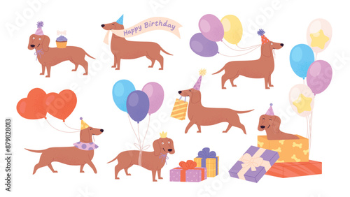 Sausage dog party set. Funny dachshund birthday christmas romantic holidays. Cute greetings dogs with gift balloons cake. Cute racy vector pet characters