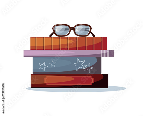 Stack of books and glasses isolated on a white background. photo