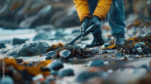 Volunteer using grabber tool to pick up trash on the beach, close-up, detailed view.