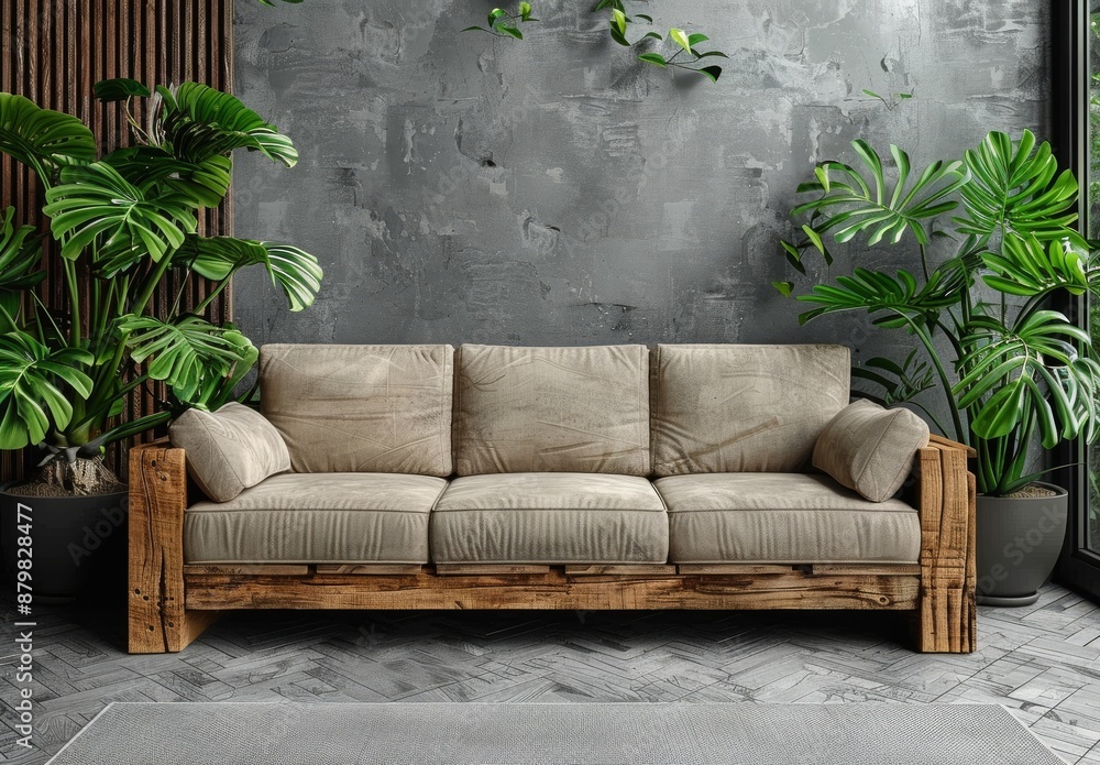 Stylish wooden sofa with beige cushions in a cozy room decorated with lush green plants Stylish wooden sofa with beige cushions in a cozy room decorated with lush green plants